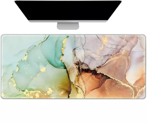 Tapis de Souris Gaming XXL 120x60x0.2 cm Grand Tapis de Souris,avec Bords Cousus Base en Caoutchouc Antidérapant,Surface Spéciale Améliore la Précision pour Maison,Bureau,Gamer (Marbre Marron Vert)