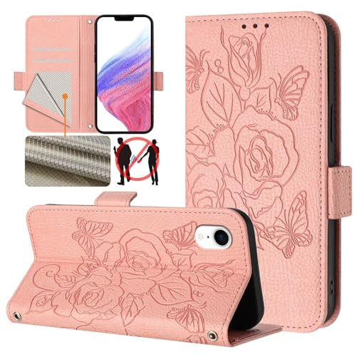 Skyhewen for iPhone XR Case, RFID Blocking Flip Wallet Case with Card Slots Kickstand Magnetic Clasp Case for iPhone XR, Shockproof PU Leather Embossed Flowers with Hand Strip for Women Girls, Pink