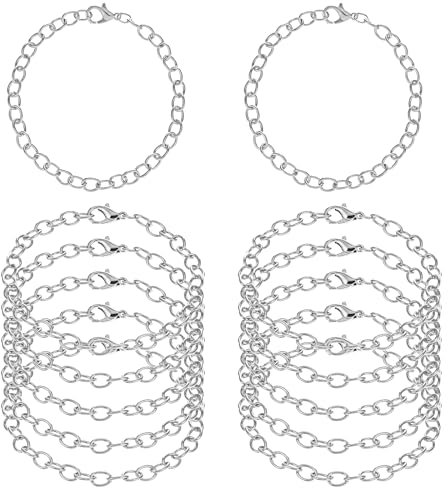12 Pieces Silver Plated Chain Bracelets - Alloy Charm Bracelet Link Chains With Lobster Clasp for DIY Jewelry Making Supplies - Men and Women
