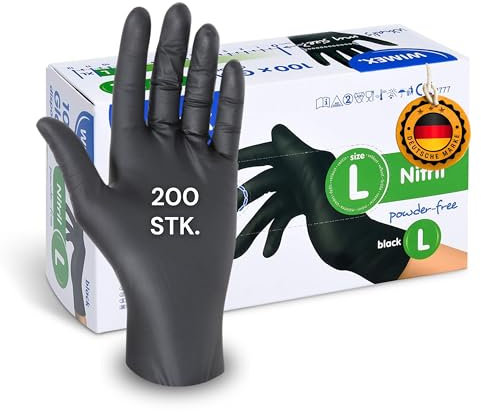 LogiPack GeRo Nitrilhandschuhe schwarz Box Einweghandschuhe, Einmalhandschuhe, Untersuchungshandschuhe, Nitril Handschuhe, puderfrei, ohne Latex, latexfrei, 200 Stück (Größe L)