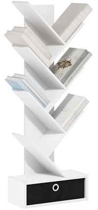 Furinno Tree Libreria Libreria ad albero da terra a 7 livelli con cassetto portaoggetti, Bianco/Nero
