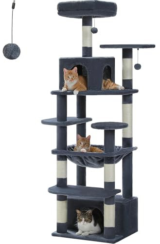 PAWZ Road Kratzbaum, 164 cm hoher Katzenturm mit geräumigen Hängematten, Höhlen und Kratzbäumen, Katzenhaus mit doppelt gepolsterten Sitzstangen für große Katzen im Innenbereich, Dunkelgrau