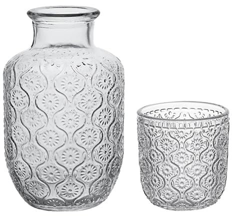Ensemble de 2 Carafes à Eau et Verre de Chevet Vintage, Carafe à Eau et Tasse en Verre pour Table de Nuit, Carafe de Nuit de Chevet, Carafe élégante Vintage avec Petite Tasse en