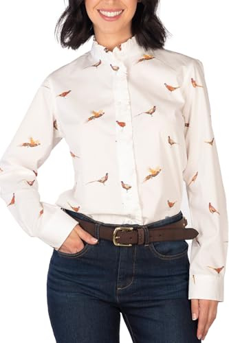 Rydale Ladies Oxford Cotton Ruffled Shirt Womens Button Up Long Sleeved Shirts (UK, Numeric, 20, Regular, Regular, Pheasant White)