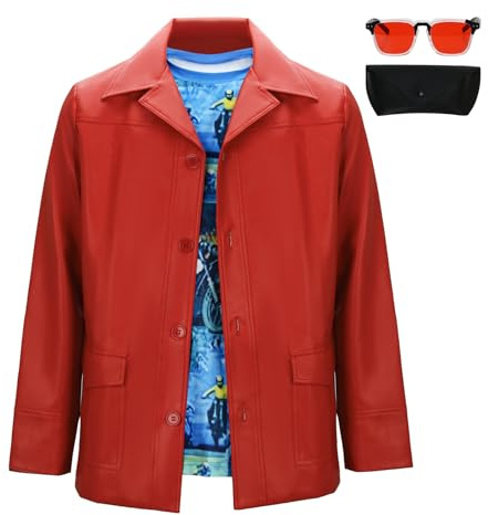 Tyler Durden Herrenjacke, rot, Halloween-Kostüm, Outfit, Motorrad, Biker, Kunstledermantel, Hemd, Sonnenbrille, Anzug, Rot/Ausflug, einfarbig (Getaway Solids), XL
