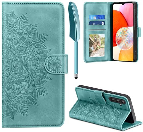 EASDNB Lederhülle für Samsung Galaxy A14 Hülle, Handyhülle für Galaxy A14 Flip Wallet PU Leder Case [Kartenfach] [Magnet] [Standfunktion] Prägung Klapphülle Schutzhülle für Samsung A14, Grün