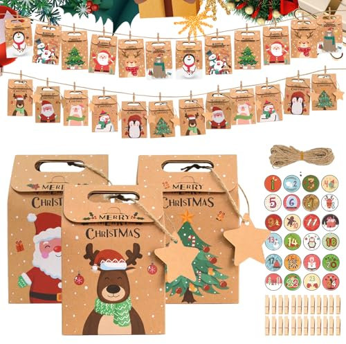 Calendario Avvento Fai da Te, 24 Sacchetti Calendario Avvento da Riempire, Sacchetti per Calendario Avvento Vuoto con Adesivi Numerici, Sacchetti di Carta Calendario dell'Avvento fai da te