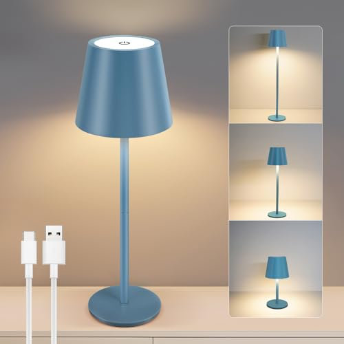 VARICART Blue Cordless Table Lamp - 8-20 Inches Adjustable Height, 5000mAh Rechargeable Battery LED Desk Lamp, 3 Color Stepless Dimmable, Portable Waterproof Metal Table Light for Indoor/Outdoor