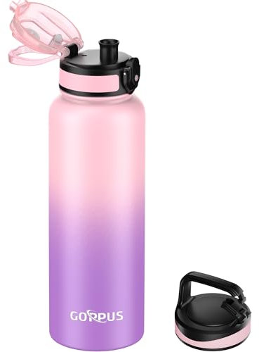 GOPPUS 1.2L/40ozTrinkflasche Edelstahl mit Strohhalm Infuser 2 Deckel BPA-frei Auslaufsicher Kohlensäure geeignet Wasserflasche Fahrrad Thermosflasche Isoliert Isolierflasche Sport Wasser Flasche Tee