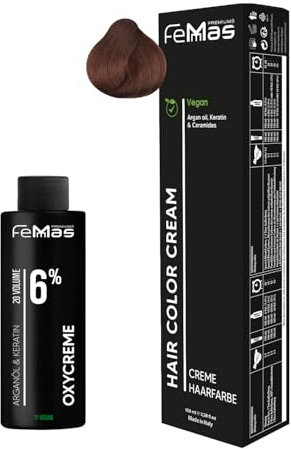 Femmas Haarfarbe Set Mittelblond Kupfer 7.4 I Hair Color Cream 100ml + Oxycreme 100ml 6% I Permanente Haar-Coloration + Entwickler I Schonend & langanhaltend I Salon-Haarfarbe für Zuhause