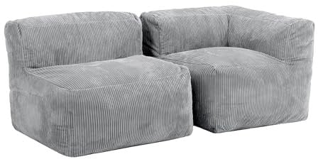 Icon Zen Modular Sofa für Erwachsene, Grau, Flauschiger Cordstoff, 2 Sitzer Ecksofa, Bequemer Bean Bag Sofa mit Schaumstoff Füllung, Relaxsessel, Lounge, Wohnzimmer Möbel