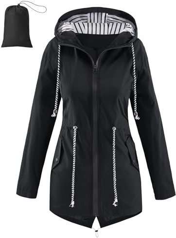 Vijamiy Vêtements Imperméables Femme Coupe Vent léger et portable Poncho Vêtements d'Extérieur Cordon de Serrage Avec Capuche Manteau de Pluie Pour Les Randonnées et Les Voyages(Noir,XL)