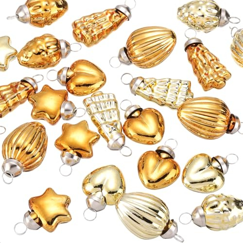 QUARKZMAN 25 Stück Weihnachtskugeln Glas, 3cm Kiefer Herz fünfzackiger Stern Ellipsoid Erdbeere Braun Gold Weihnachtsdeko für Weihnachtsbaum, Halloween, Weihnachten, Event und Hochzeit