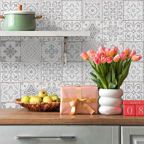 Light Grey Stick on Tiles Kitchen Splashbacks 15x15cm(6) Self Adhesive Removable Tile Stickers for Bathroom Peel and Stick Backsplash Kitchens Stairs Mosaic Decals 20 Pcs