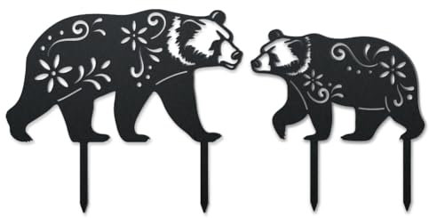 WADORN Bär Metall Outdoor Statuen Silhouette, Lustiger Bär Dekorative Gartenstecker Aus Metall Bär Blumen Silhouette Ornament Geschenk Lustige Außendekoration Für Garten Hinterhof Terrasse Rasen