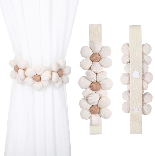 LongHoneySong 2 Stück Vorhang Raffhalter, Kinderzimmer Gardinen Gardinenband, Gänseblümchen Deko, Blumen Vorhang-Raffhalter Deko für Kinderzimmer/Haus/Vorhang Kinderzimmer Mädchen (Reis)