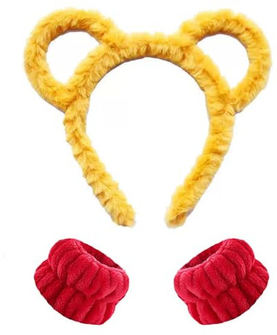 GWAWG Bandeau Oreilles d'Ours Costume Set Jaune Bandeau et Poignets, Serre-Tête en Peluche Douce avec Oreilles d'Ours pour Enfants et Adultes, Accessoires Réalistes pour Noël, Halloween, Fête 3 Pièces