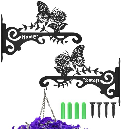 MIVITOOM 2 Pack 10 Inch Outdoor Hanging Basket Brackets for Fence or Wall, Sturdy Metal Wall Hooks for Planters Lantern Bird Feeder Wind Chime, Durable Garden Home Decoration in Matt Black
