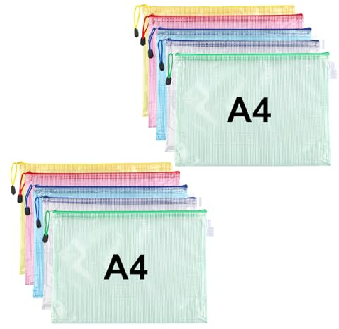 10 Stück Dokumententasche A4, Reißverschlusstasche Wasserdichte Mesh Dokumententaschen,Reißverschlussbeutel für Bürobedarf,Schulmaterial,Dokumente Case,Papier,Quittungen,Kosmetika,5 Farben