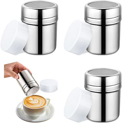 HMCEY 4 Pezzi Spargi Zucchero A Velo Acciaio Inox,Barattolo Spargi Cacao in Polvere con Coperchio,Sugar Shaker,Setaccio Piccolo da Cucina Farina,Dispenser Zucchero Caffe,Setaccio per Formaggio