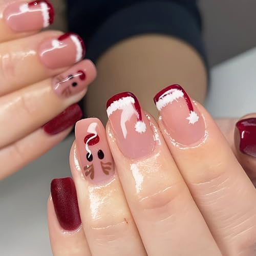 24 Stück Weihnachts Falsche Nägel Zum Aufkleben, Rot Nude Künstliche Nägel einfache Weihnachtsnägel, Glossy Fake Nail für Frauen, Soft Gel Press on Nails Nail Art Manicure (Rot)