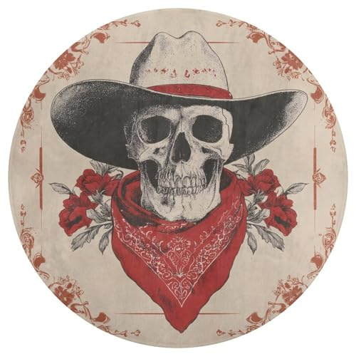 Jubonexis Cowboy-Teppich mit Totenkopf und Bandana, Vintage, groß, rund, modern, rutschfest, 90 cm