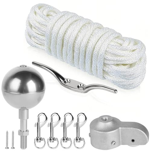 DBREAKS Fahnenmast Zubehör Set für Ø 5,1 cm Mastspitzen, Silver | Fahnenmast Reparaturset inkl.Kugel, 15m Seil, 4 Karabiner, Klampe, Topper mit Seilrolle, für Gartendekoration Heimgebrauch