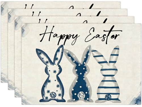 Luzzxfa Blau Kaninchen Ostern Platzsets 4er Set, 32x45 cm Frühling Xmas Tischset Waschbar Platzdeckchen Küche Party Deko