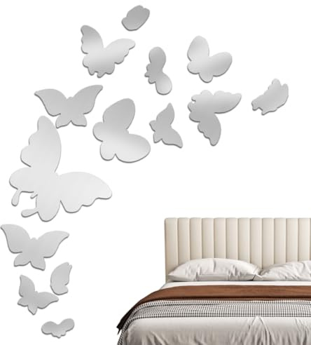 MWUMRCM 14PCS Farfalla Specchio Adesive da Parete Combinazione 3D Specchio Wall Stickers Home Decoration(Argento)
