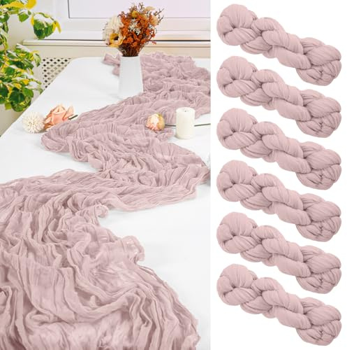 FXKS 6 Stück Staubiges Rosa Tischläufer,55 x 300 cm Cheesecloth Tischläufer | Rustikaler Gaze Stoff Boho Tischläufer Käsetuch Hochzeit Tischdecke für Hochzeit Brautparty Bankett Dekoration