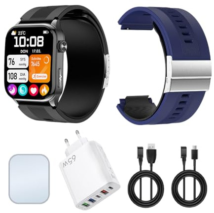 Knauermann PRO 4 Air (2026) Smartwatch & Fitness-Tracker Damen Herren, AMOLED Always-On, IP66, Bluetooth 5.3, bis 25 Tage Akku, Android & iOS, Schwarz – Eckig, Premiumpaket