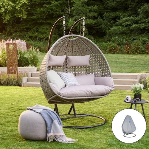 Home Deluxe - Hängesessel Twin - Grau, Höhe 195 cm - inkl. Regenabdeckung, Gestell, Sitz- und Rückenkissen I Polyrattan Hängestuhl Gartenschaukel Hängekorb