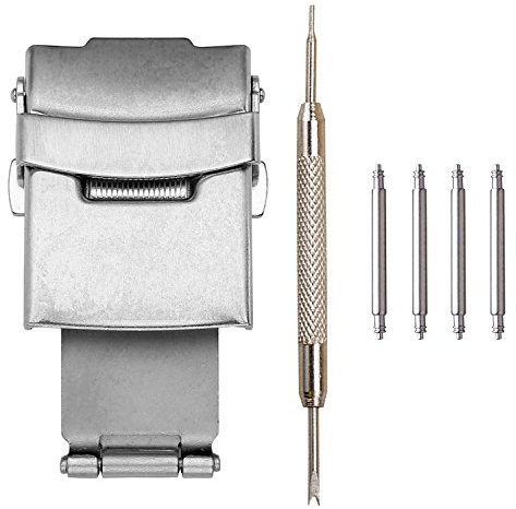 JSDDE Uhr Zubehör Set, 4 Stück Federstege + 1 Stück Edelstahl Silber Faltschliesse/Uhrenschließe + 1 Stück Reparatur Werkzeug, 22mm