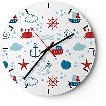 Modern Wanduhr Meer Boot Anker Schiff 40x40cm Rund Groß Wand Uhr Glas Analog Zimmeruhren Küche Büro Wohnzimmer Glasuhr Wall Clock Dekoration Design Wanddekoration Küchenuhr C3AR40x40-2889