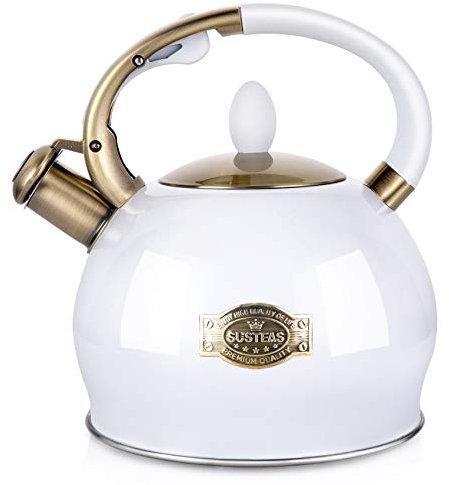 SUSTEAS Stove Top Whistling Tea Kettle - Food Grade Stainless Steel Teakettle Teapot with Cool Touch Ergonomic Handle,1 Free Silicone Pinch Mitt Included,2.64 Quart(WHITE)