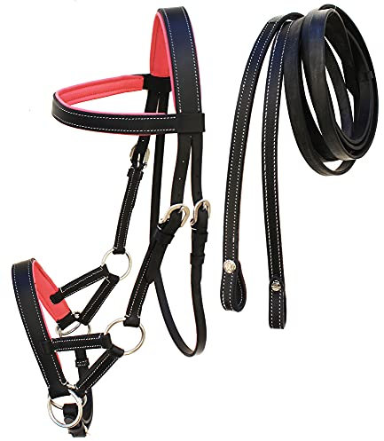 Western-Ledertrense für Training Tack Bitless Sidepull mit Zügeln 7711, schwarz / pink, Full