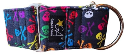 Galguita Amelie, 4 cm breit, Größe L (40-49 cm), Hundehalsband gegen Auslaufen. Totenkopf
