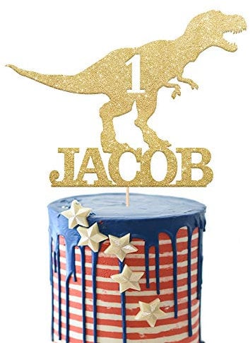 EDSG Personalised Dinosaur Cake Topper for Boy | Multicolour Glitter Dragon Topper for 1st, 3rd, 5th, 7th, 9th, 13th Birthdays (Champagne Gold)