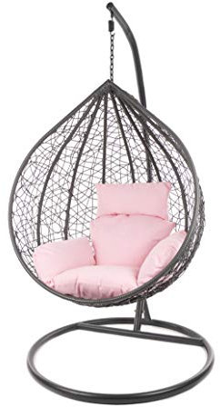 KIDEO Komplettset: großer Hängesessel mit Gestell & Kissen, Korbsessel, Poly-Rattan (Korb & Gestell: grau, Kissen: rosa Nest (3002_Lemonade))