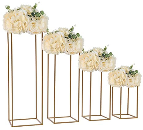 4x Blumenständer Metall, Eckiger Deko Pflanzenständer Rechteckiger Vasenständer Blumenhocker Outdoor Wetterfest Abnehmbar, ideal als Blumenständer für Draußen & Innen Party, Hochzeit, Straße, Gold