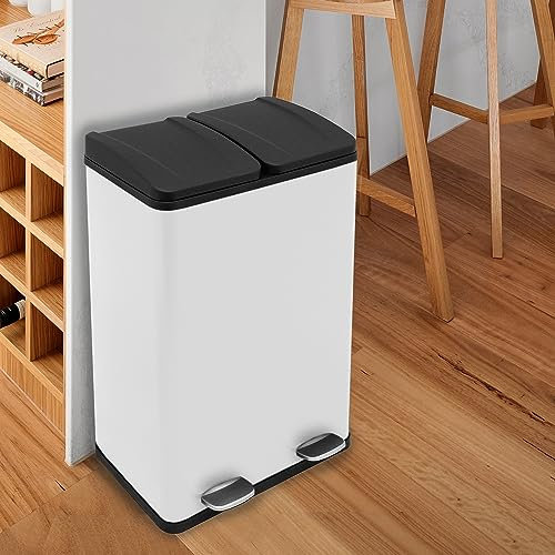 Monster Shop Recycling Pedal Bin Double Compartments Large 60L Rubbish Capacity Heavy-duty Metal Dustbin In White Kitchen Waste Garbage Dual Trash Can Eco