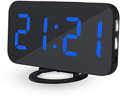 DollaTek LED tragbare Digitale Spiegelwecker mit 6,5-Zoll-LED-Anzeige und 3 Dimmmodi Geeignet für Schlafzimmer und Büro - Black Shell Blue Digital