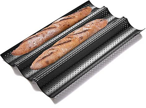 KITESSENSU Nonstick Baguette Pans for French Bread Baking, Perforated 3 Loaves Baguettes Bakery Tray, 15 x 13, black