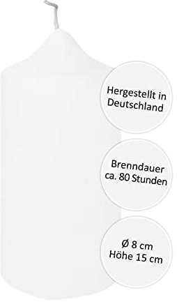 FINK Stumpenkerzen weiß - Tisch Fest Deko Silvester Party 2022 - Deko Wohnzimmer - lange Brenndauer ca 80 Stunden weiss Höhe 15 D 8 cm