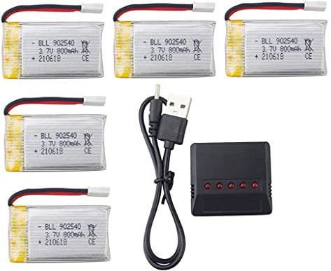 5pcs 3.7V 800mAh litiobatería con 5en1 Cargador para MJX X708 X709 X708W U45 U42 U45W U42W E32HW Syma X5c X5A X5SC X5SW H5C V931 S5C S5W SS40 FQ36 T32 T5W H42 Cuadricóptero RC Drone Batería BLLRC