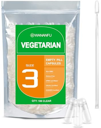 WANANFU Vegane Leerkapseln Größe 3 (100 Stück) Bundle mit 2 Mikrolöffeln, leere Kapseln zum Befüllen, Kompatibel mit Kapselfüller Größe 3
