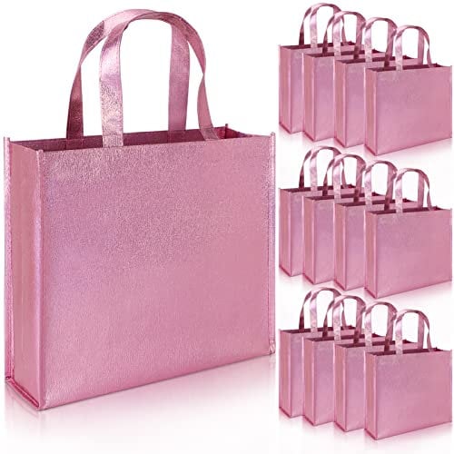12 Große Geschenktüten mit HenkelVlies stilvolle Tragetaschen zum Geburtstag Hochzeit Geschenkverpackung party, Wiederverwendbare glänzende Einkaufstüten (Rosa)