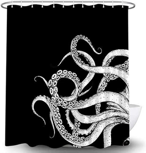 Oktopus-Dekor-Duschvorhang für Badezimmer, lustiges schwarz-weißes Meeresmonster, Kraken, Tier, Gothic-Stoff, Duschvorhang, einzigartige Neuheit, nautisches Gothic-WC-Zubehör mit Haken, 182 x 183 cm