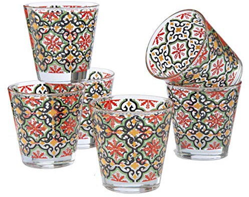 Baroni Home Set 6 verres à Eau avec Décoration Imprimée Colorée, Verres Colorés MADE IN ITALY, Verres Lavables au Lave-Vaisselle, 25 CL, Fantaisie Cefalù