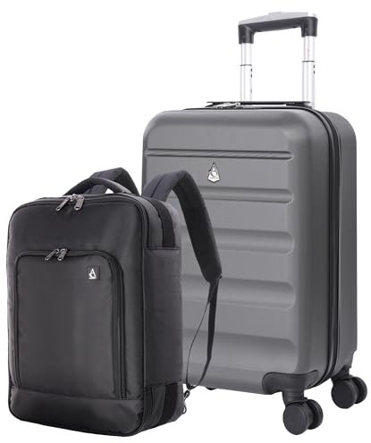 Aerolite 55x35x25cm Leichte Hartschale 4 Rollen Trolley Koffer + 40x30x15cm Maximale Größe Handgepäck für Air France und KLM (Holzkohle Koffer + Rucksack)